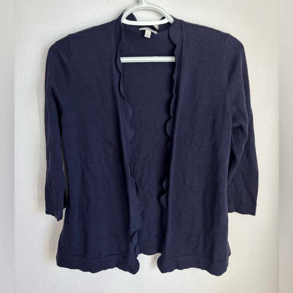 Talbots Scalloped Navy Open Cardigan 100% Cotton Size Petite XS Great condition